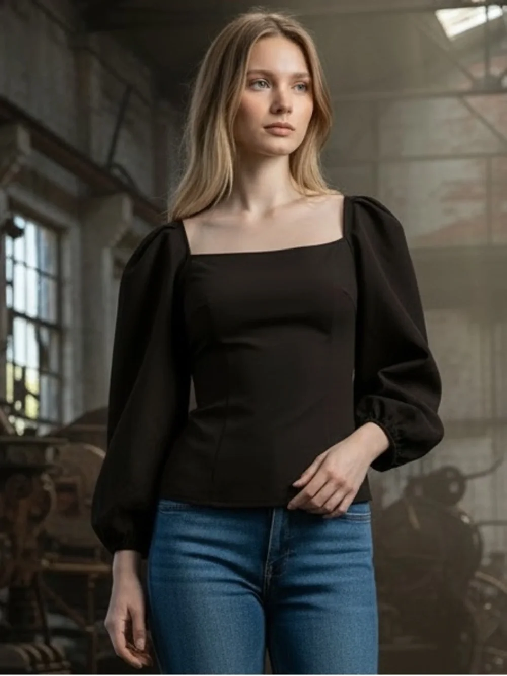 NWT LOFT Puff Sleeve Square Neck Top